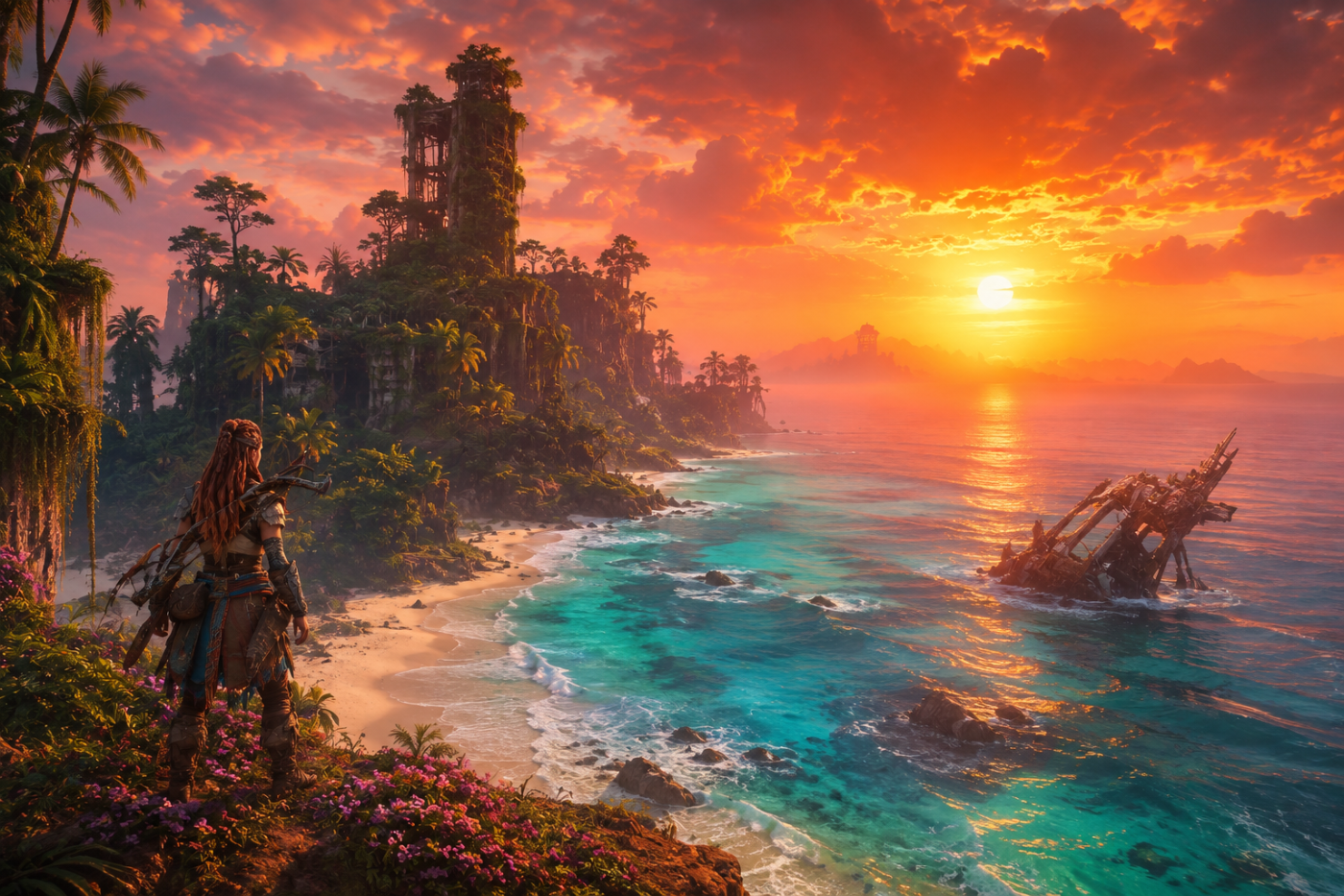 Horizon Forbidden West › A turquoise Pacific coast beneath a molten sunset