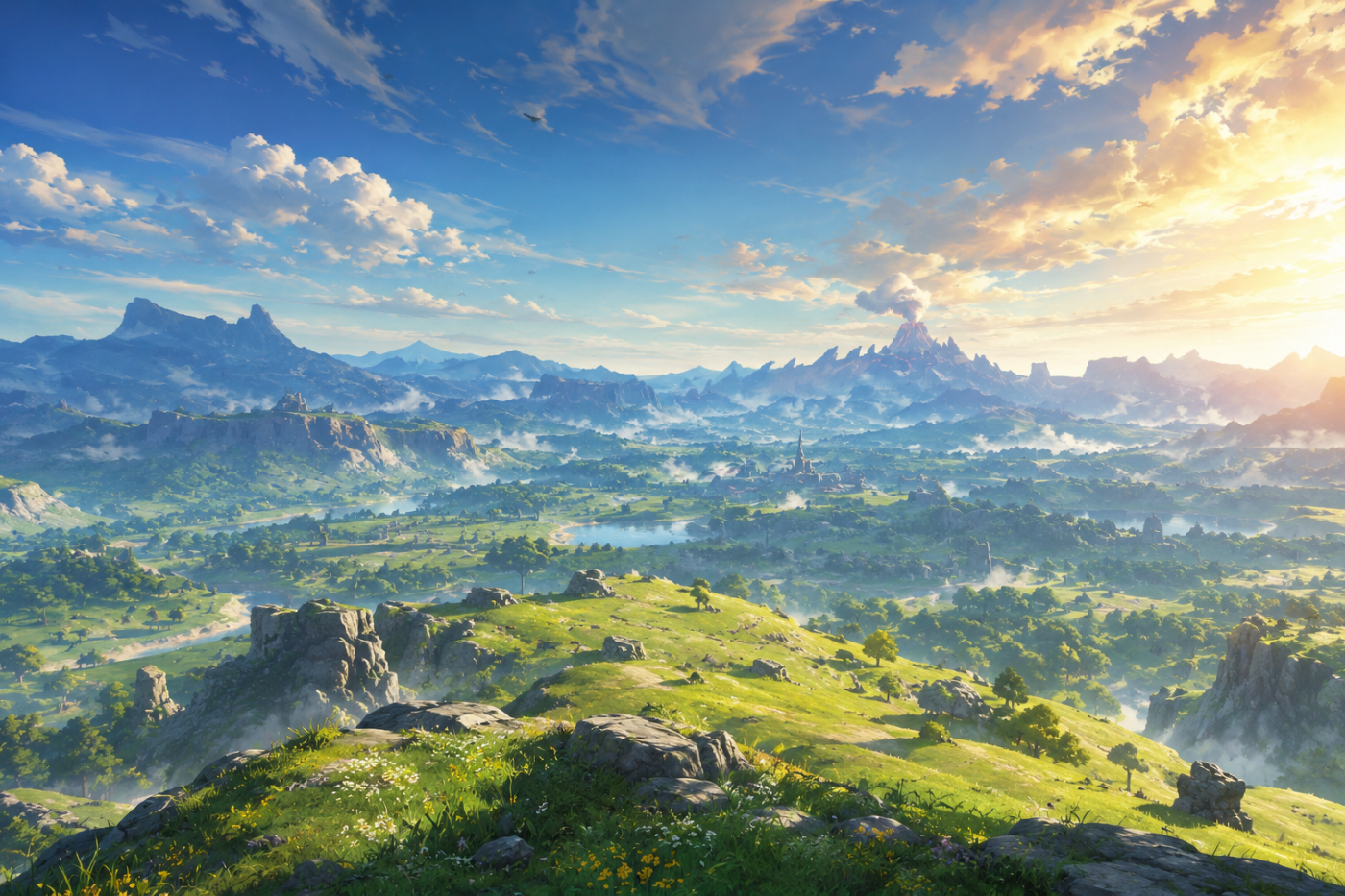 The Legend of Zelda › Breath of the Wild › Hyrule opening into blue mountains from the Great Plateau