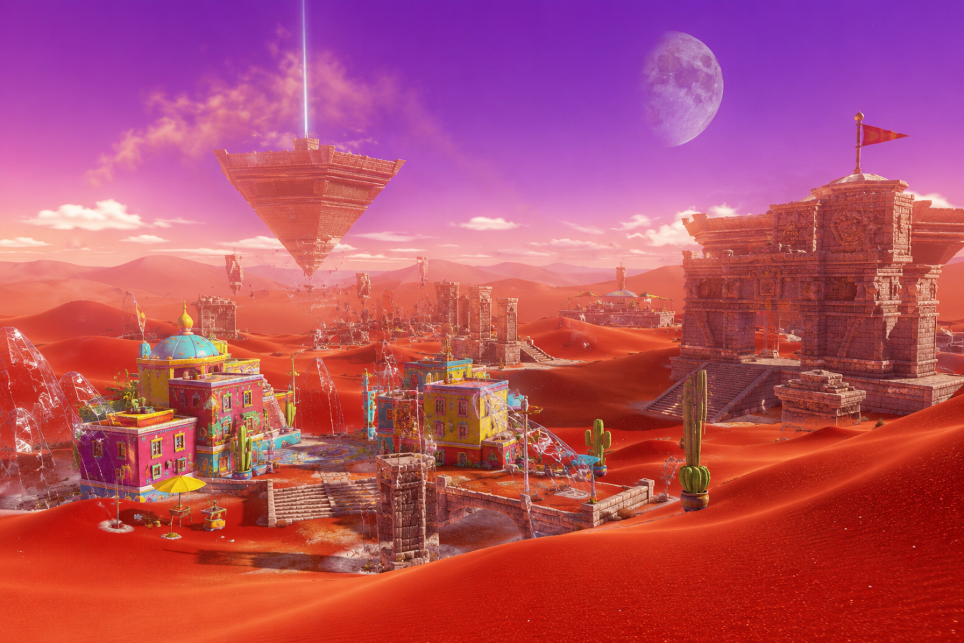 Super Mario Odyssey › The Sand Kingdom's red dunes beneath a violet sky
