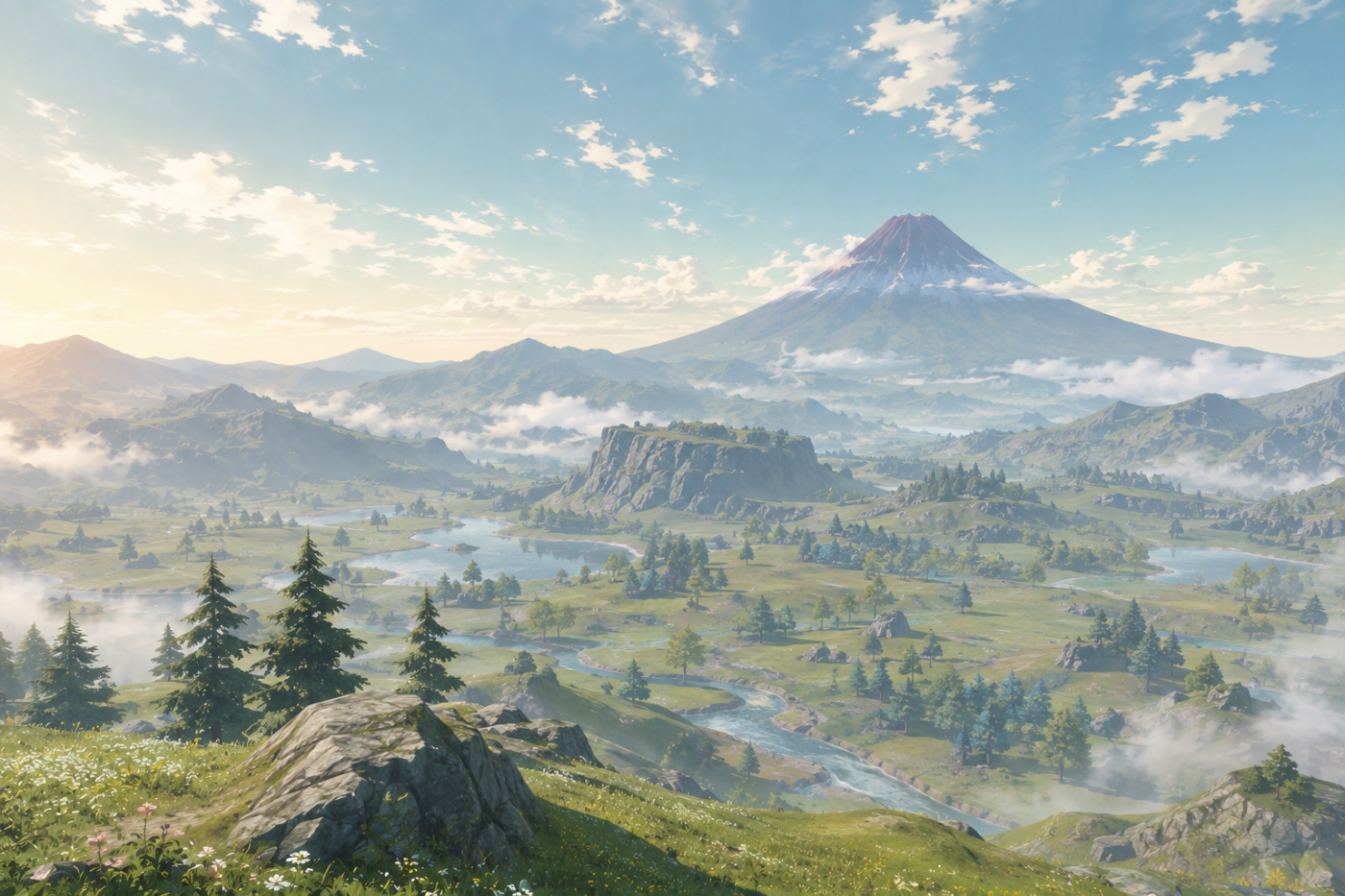 Pokémon Legends › Arceus › The Hisui highlands beneath a quiet morning haze