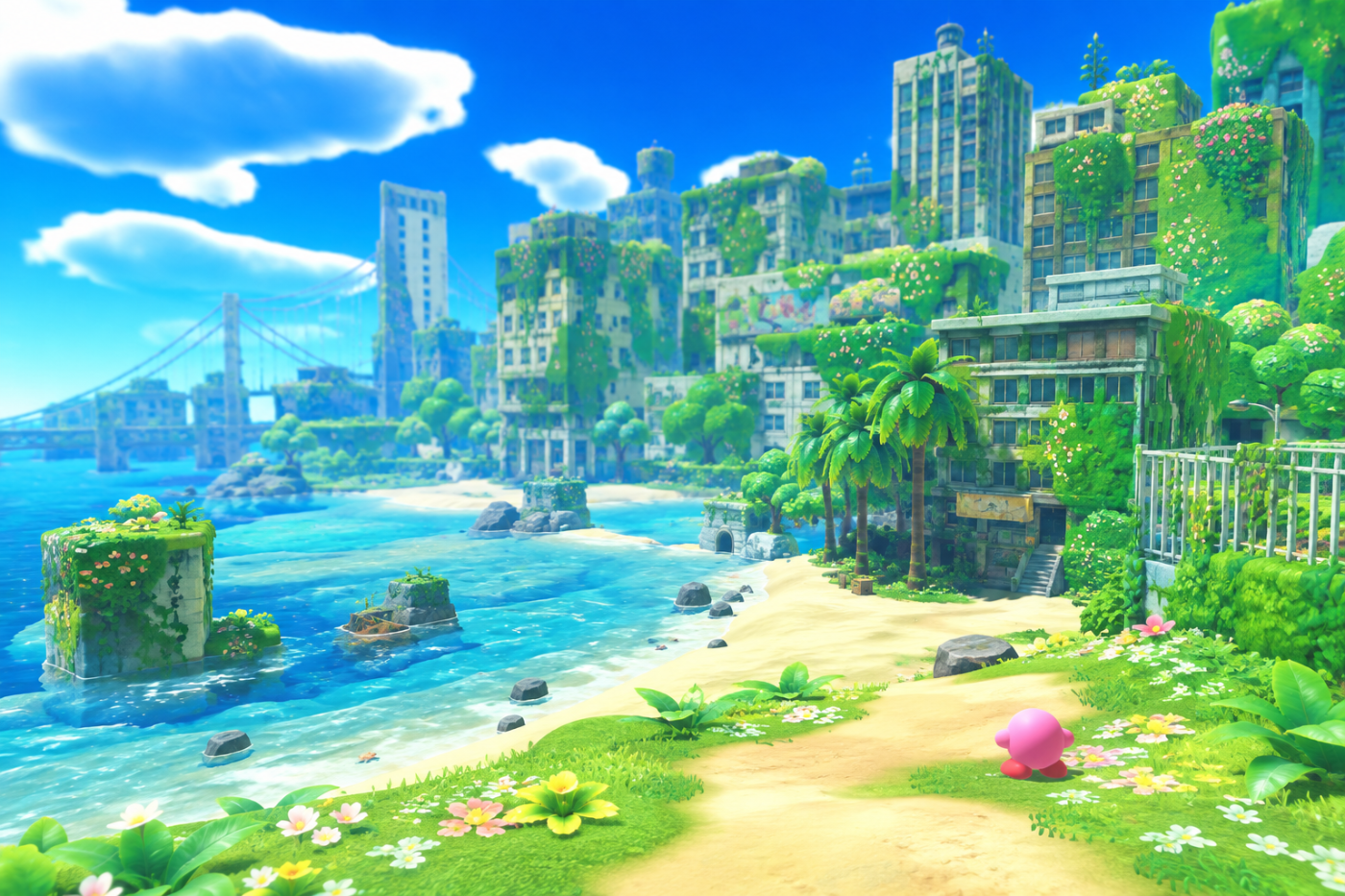 Kirby and the Forgotten Land › A bright coastal world where nature softens old architecture