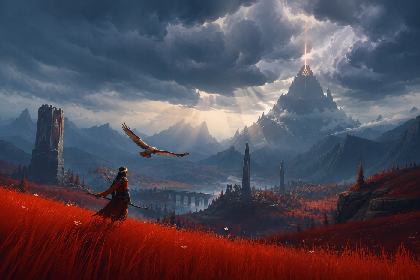 The Pathless › Ancient red grasslands beneath vast storm-lit skies