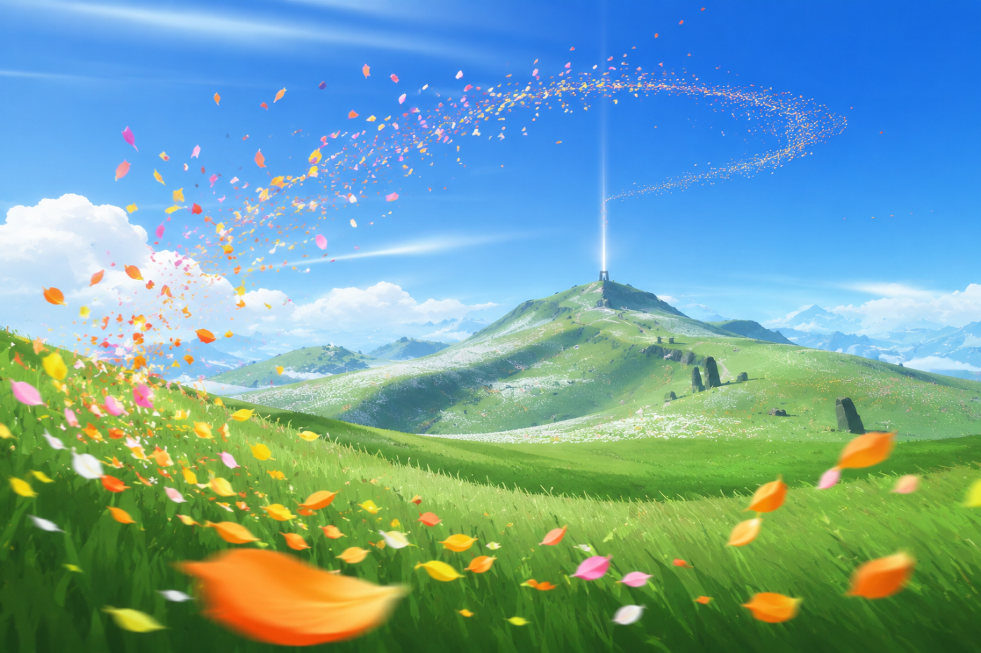 Flower › Windblown petals crossing green hills under open sky
