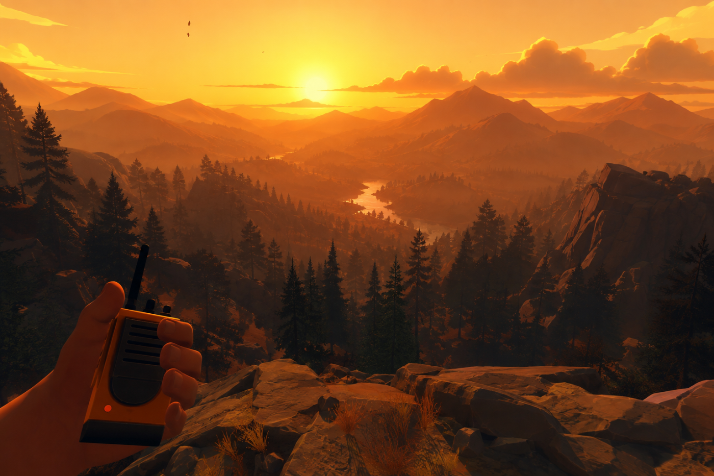 Firewatch › Wyoming wilderness layered in amber evening haze