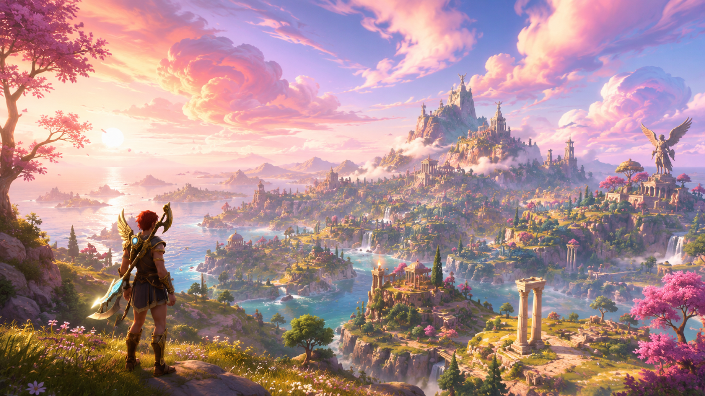 Immortals Fenyx Rising › The Golden Isle spreading beneath a mythic pastel sky