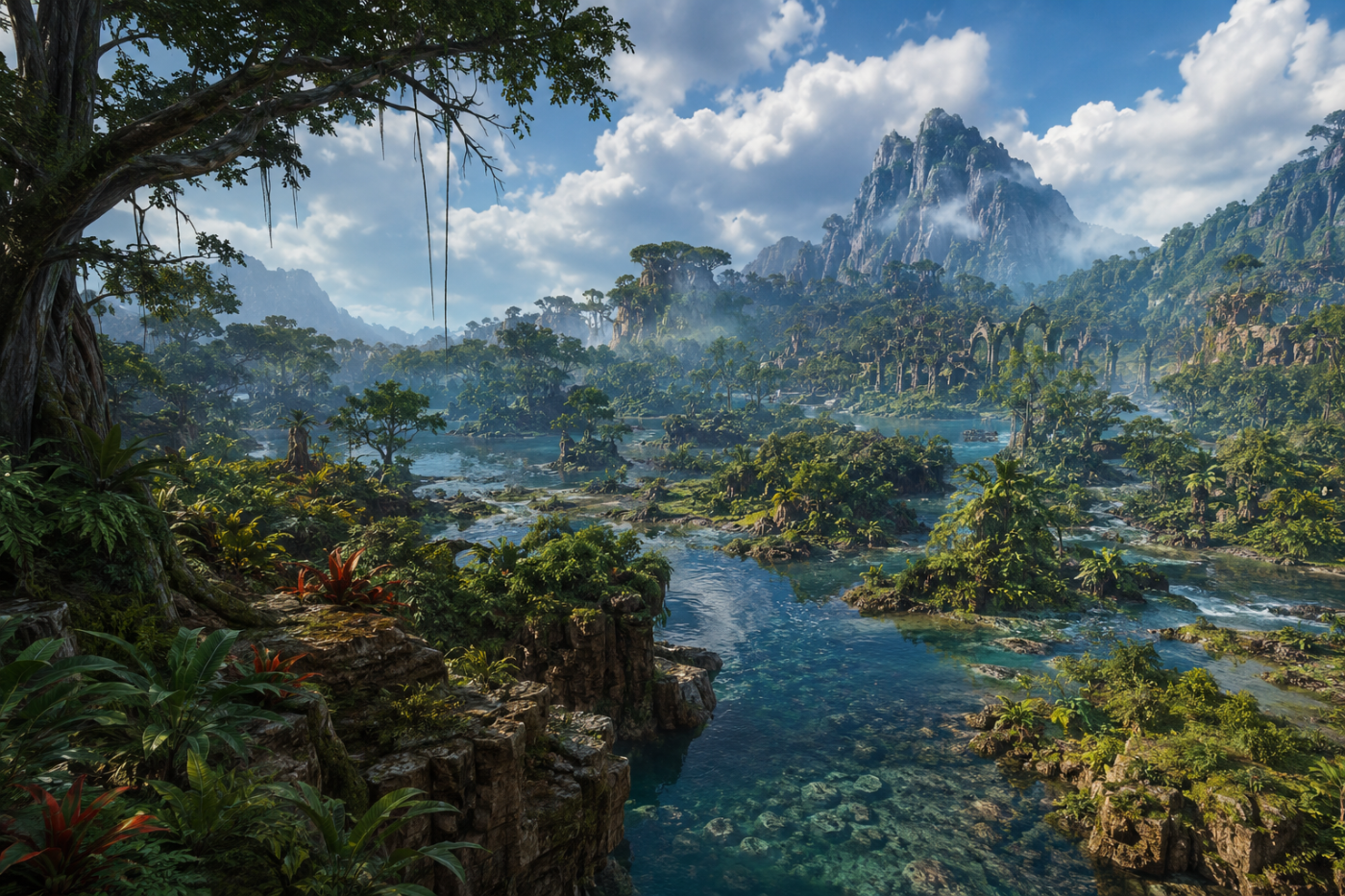 God of War Ragnarök › Vanaheim's river delta beneath dense tropical green
