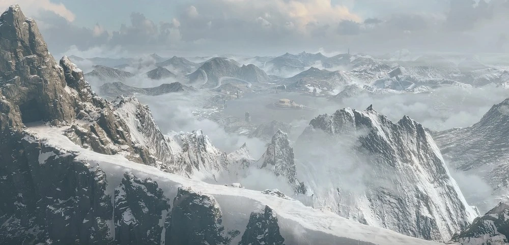 God of War › The Lake of Nine surrounded by Nordic mountains