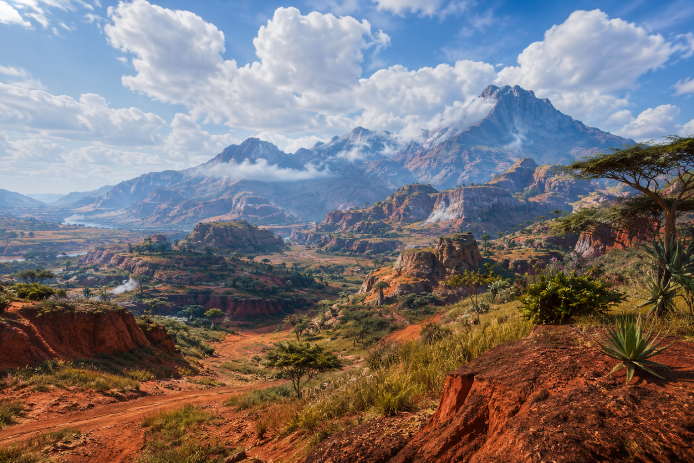 Uncharted 4 › A Thief's End › Madagascar's red earth and green highlands beneath huge clouds