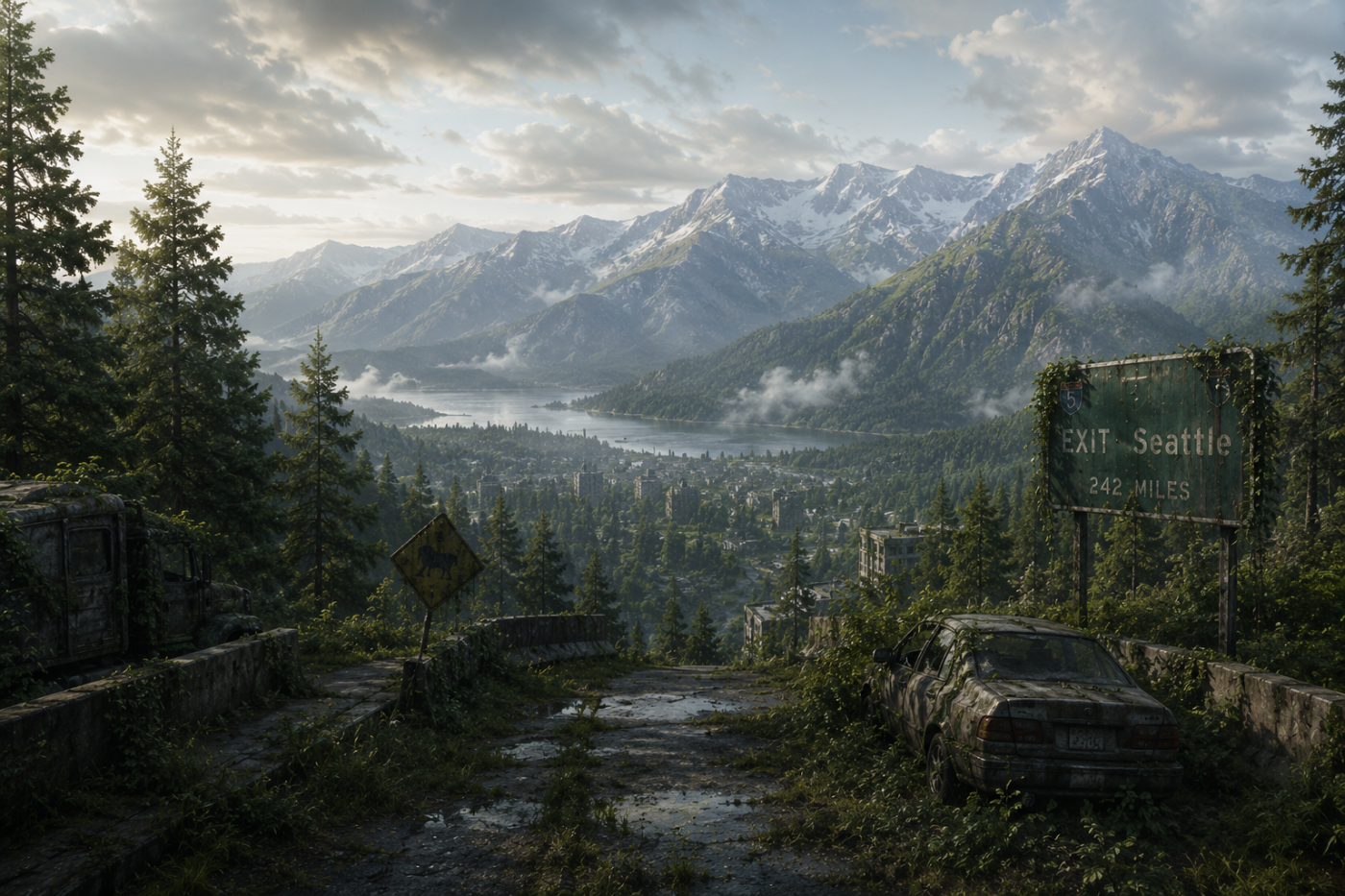 The Last of Us Part I › A quiet mountain overlook where nature has reclaimed the road