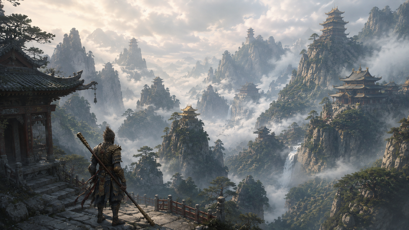 Black Myth › Wukong › Chinese mountain temples emerging from layers of mist