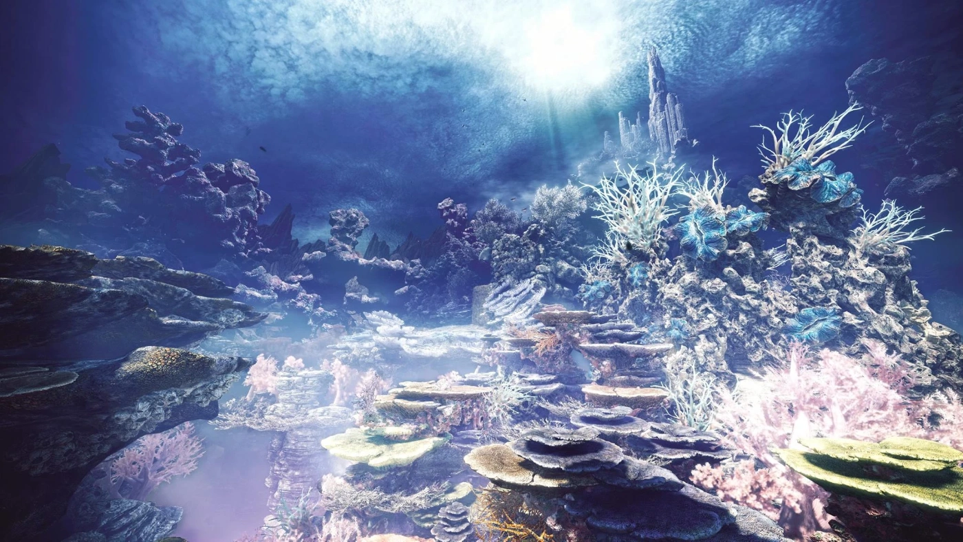 Monster Hunter: World — Coral Highlands rising in luminous organic terraces