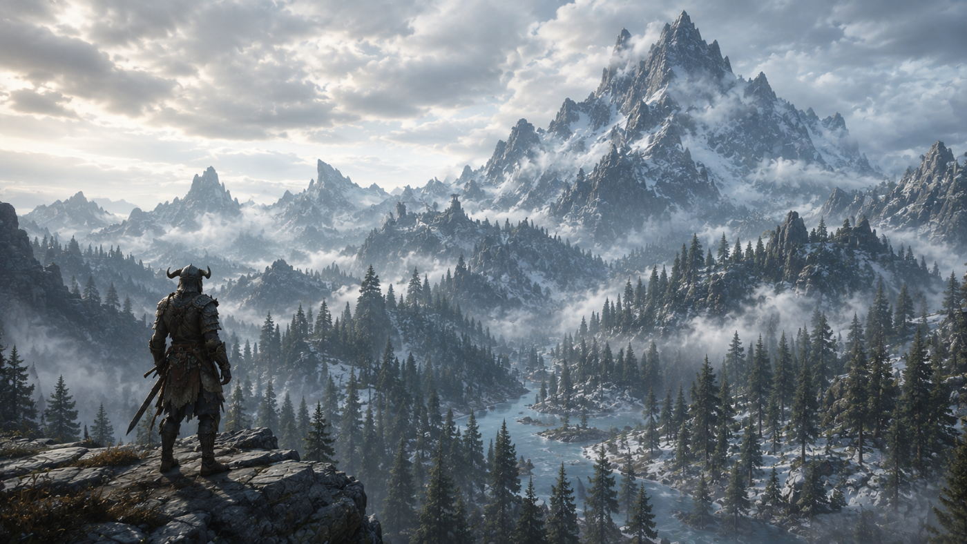 The Elder Scrolls V: Skyrim — The Throat of the World above pine forests and northern mist