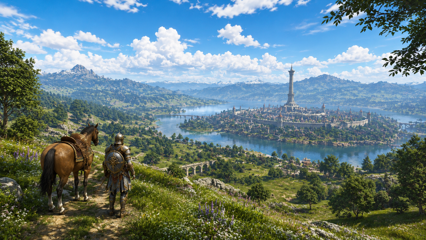 The Elder Scrolls IV: Oblivion Remastered — Cyrodiil's green countryside beneath a brilliant blue sky
