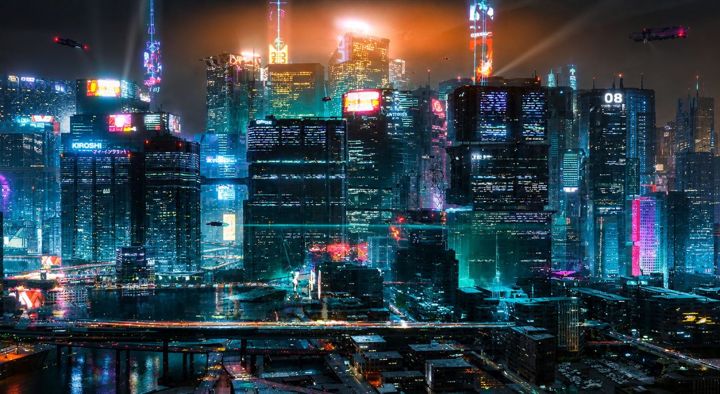 Cyberpunk 2077 — Night City glowing from the hills after rain