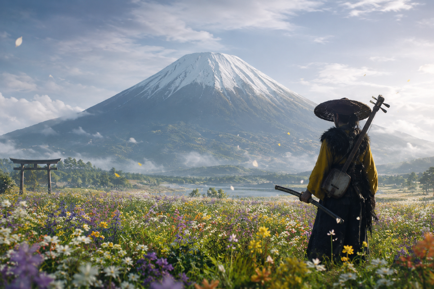 Ghost of Yotei › Mount Yotei rising beyond a field of wildflowers
