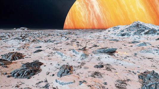 Starfield — A pale alien moon beneath a giant planet