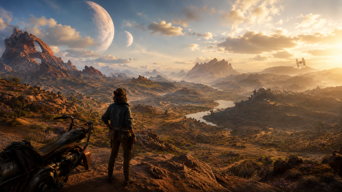 Star Wars Outlaws — A windswept alien valley beneath twin moons