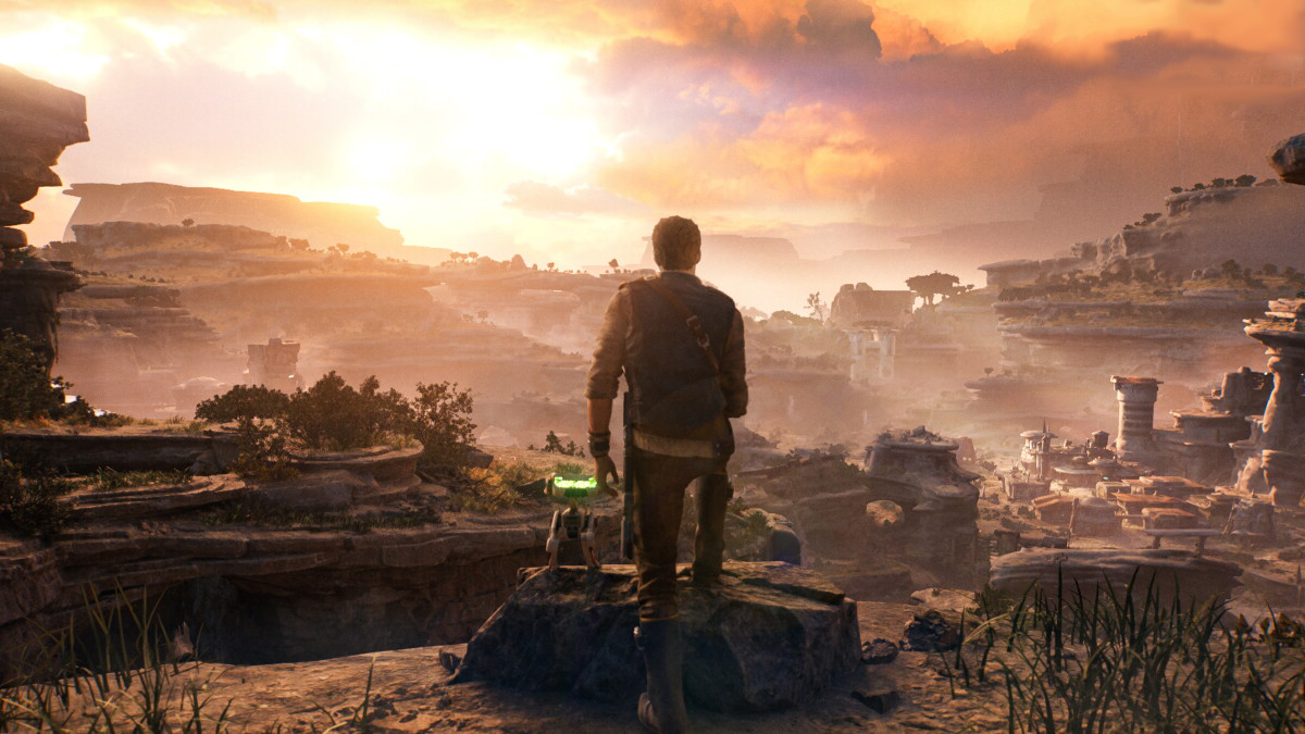 Star Wars Jedi: Survivor — Koboh's broad frontier valley beneath a golden sky