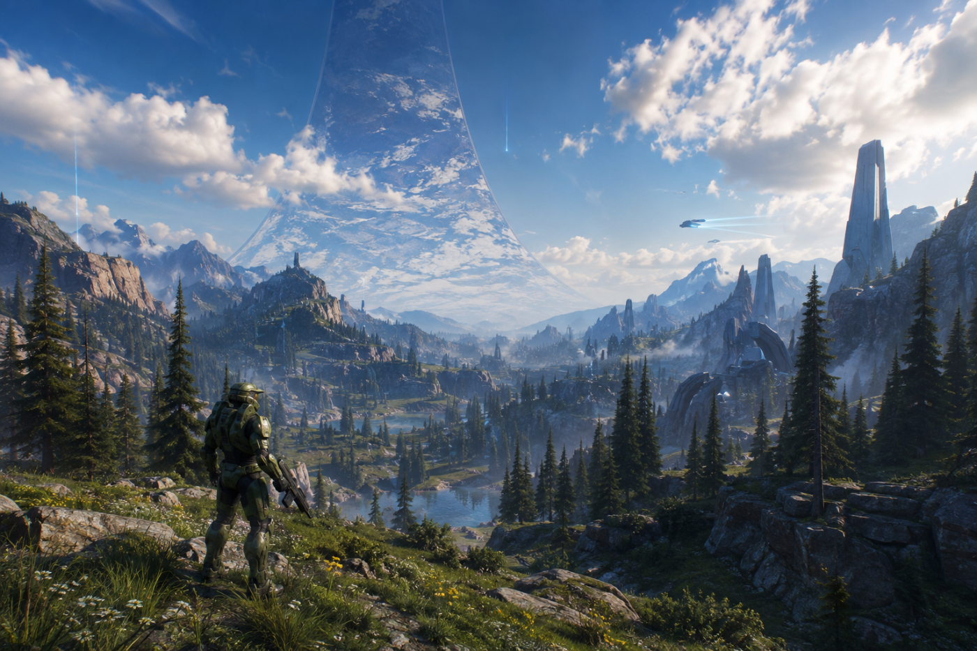 Halo Infinite — Zeta Halo's forests and mountains curving into the sky
