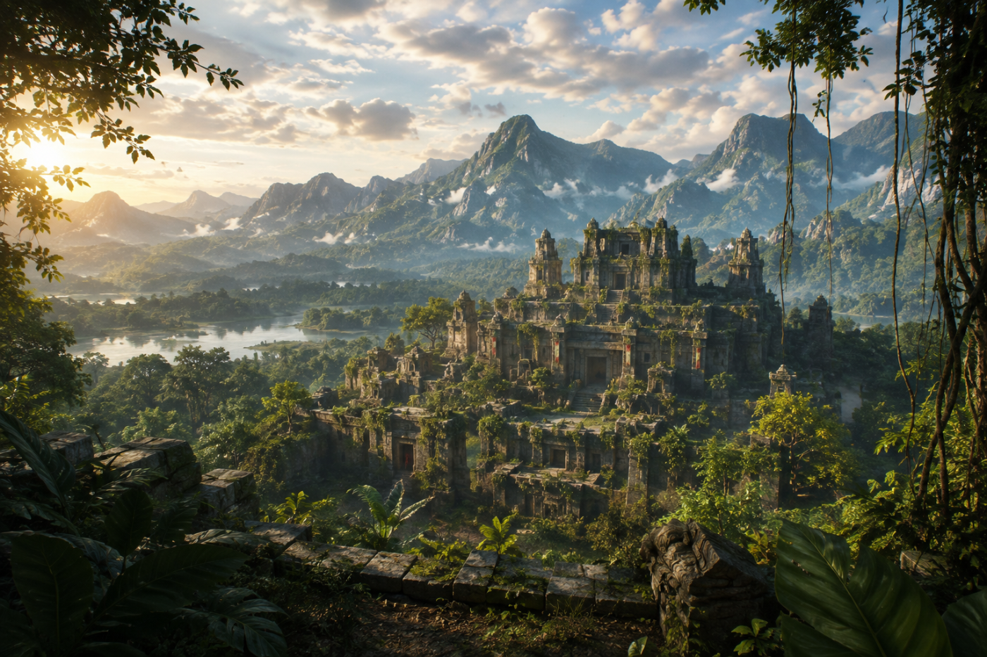Indiana Jones and the Great Circle — A sunlit temple complex framed by jungle and distant mountains